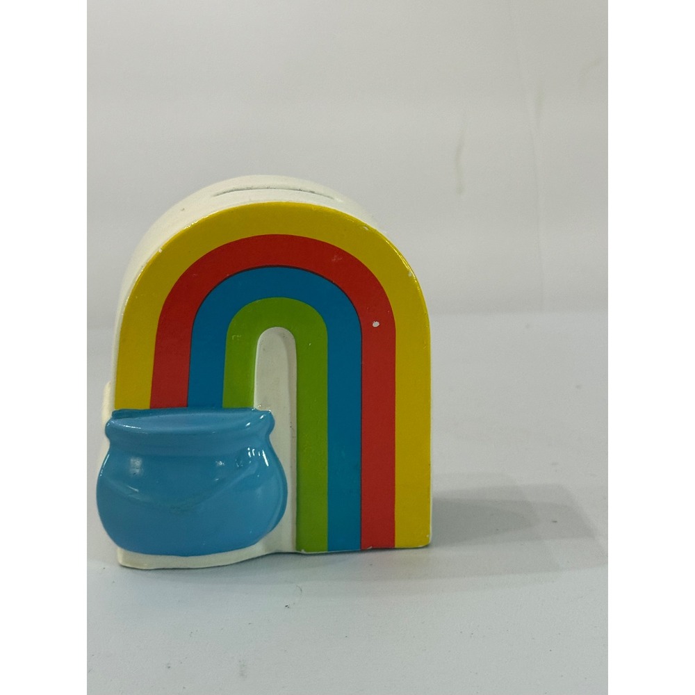 Vintage Rainbow Pot of Gold Ceramic Coin Bank Colorful Nursery Decor 4 Inch
